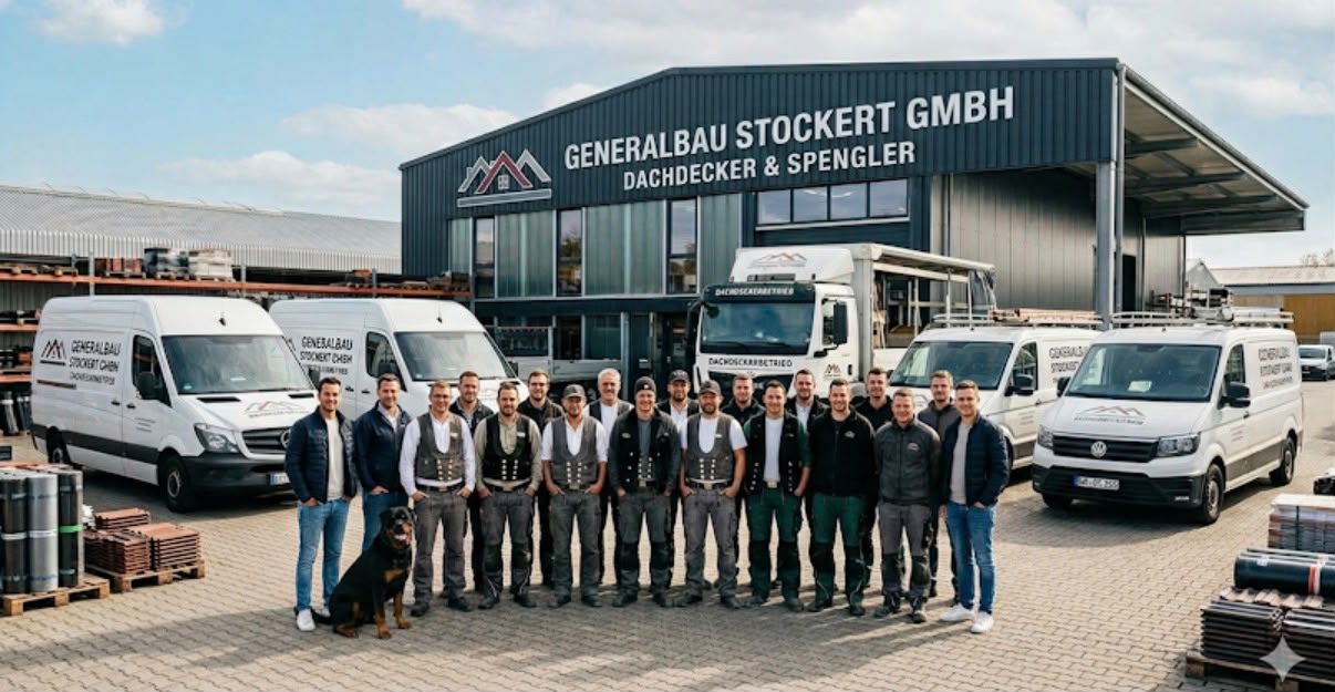 Das Team der Generalbau Stockert GmbH vor der Betriebshalle mit Firmenfahrzeugen